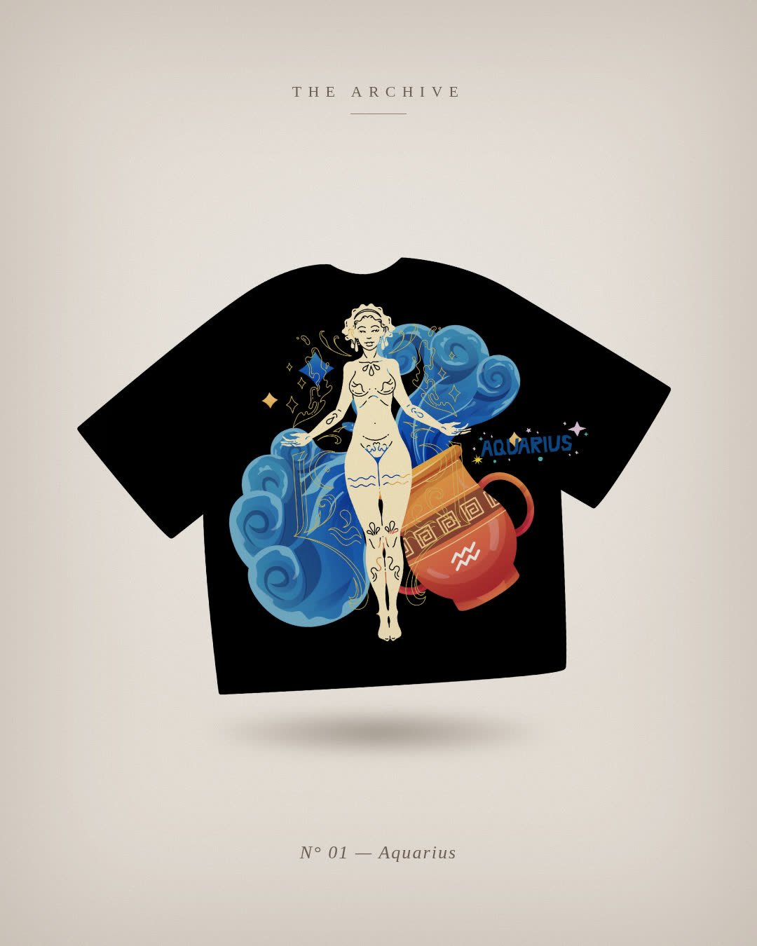 The back of the Aquarius T-shirt laid on a warm canvas, from the Aquadoir archive