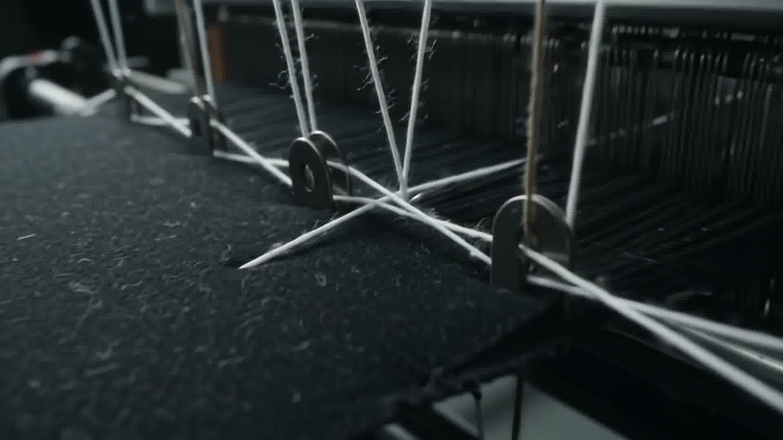 Yarn running through the machines that knit the fabric