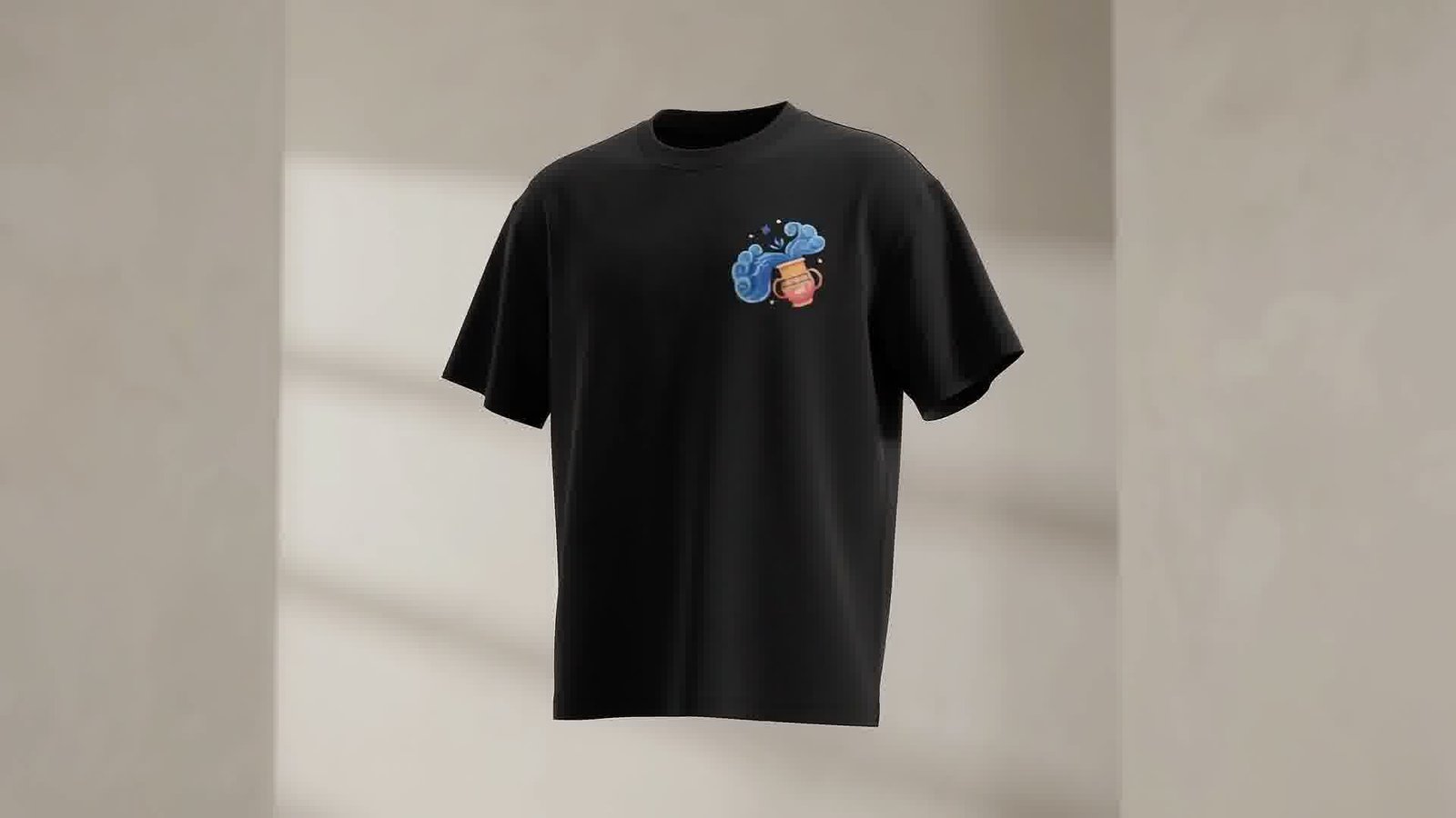 The finished T-shirt holding its shape in a stone room
